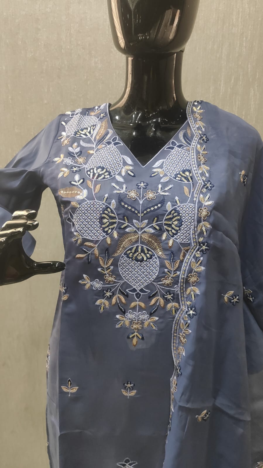 Lavender Grey Designer Chanderi Salwar Suit Featuring Intricate Floral Embroidery - Model View 3