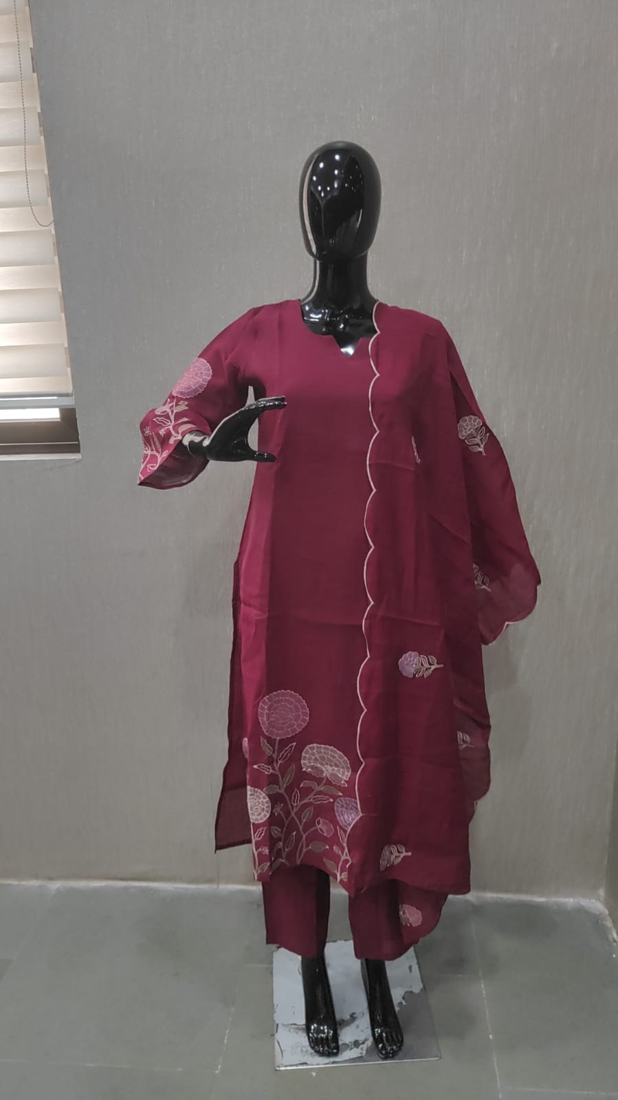 Wine Stylish Mul Chanderi Straight Cut Salwar Suit with Floral Embroidery Detailing - Image 3