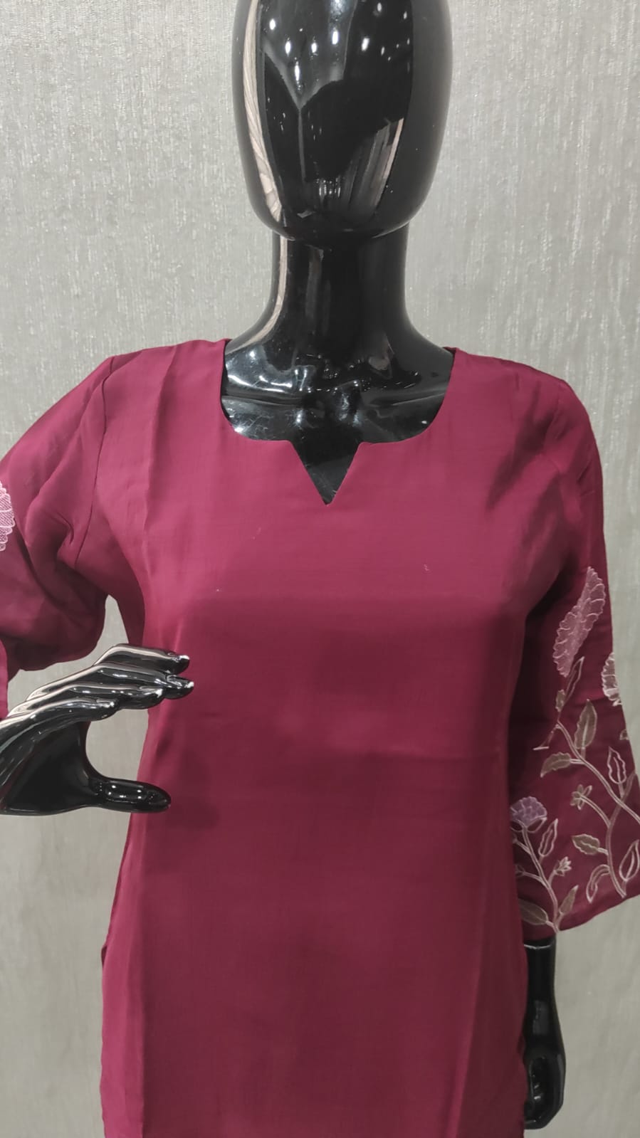Wine Stylish Mul Chanderi Straight Cut Salwar Suit with Floral Embroidery Detailing - Image 2