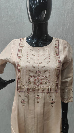 Beige Floral Printed Shimmer Straight Cut Salwar Suit with Elegant Stone Work Embroidery - Model View 2