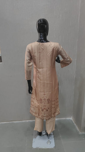 Beige Floral Printed Shimmer Straight Cut Salwar Suit with Elegant Stone Work Embroidery - Model View 1