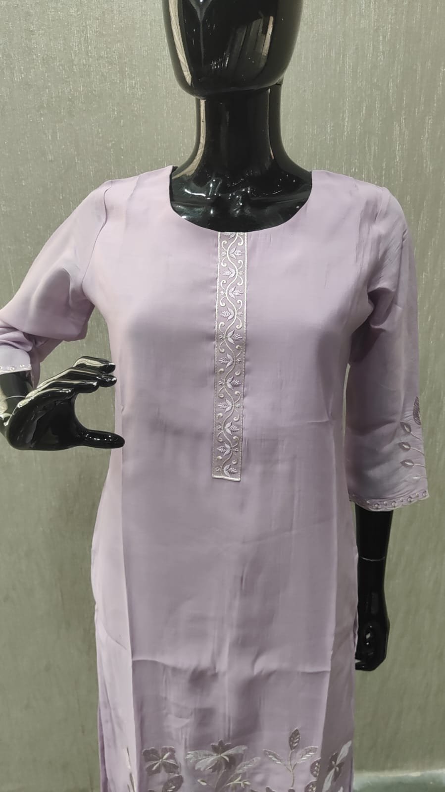 Lavender Mul Chanderi Straight Cut Salwar Suit with Beautiful Floral Embroidered Work - Model View 1
