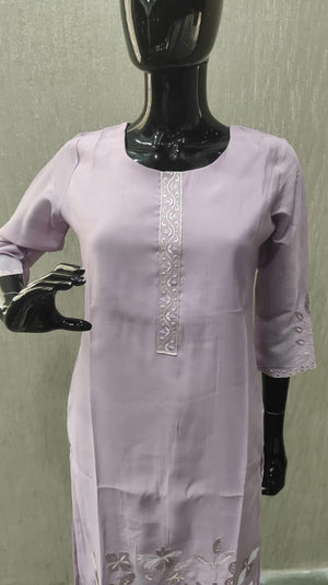 Lavender Mul Chanderi Straight Cut Salwar Suit with Beautiful Floral Embroidered Work - Model View 1