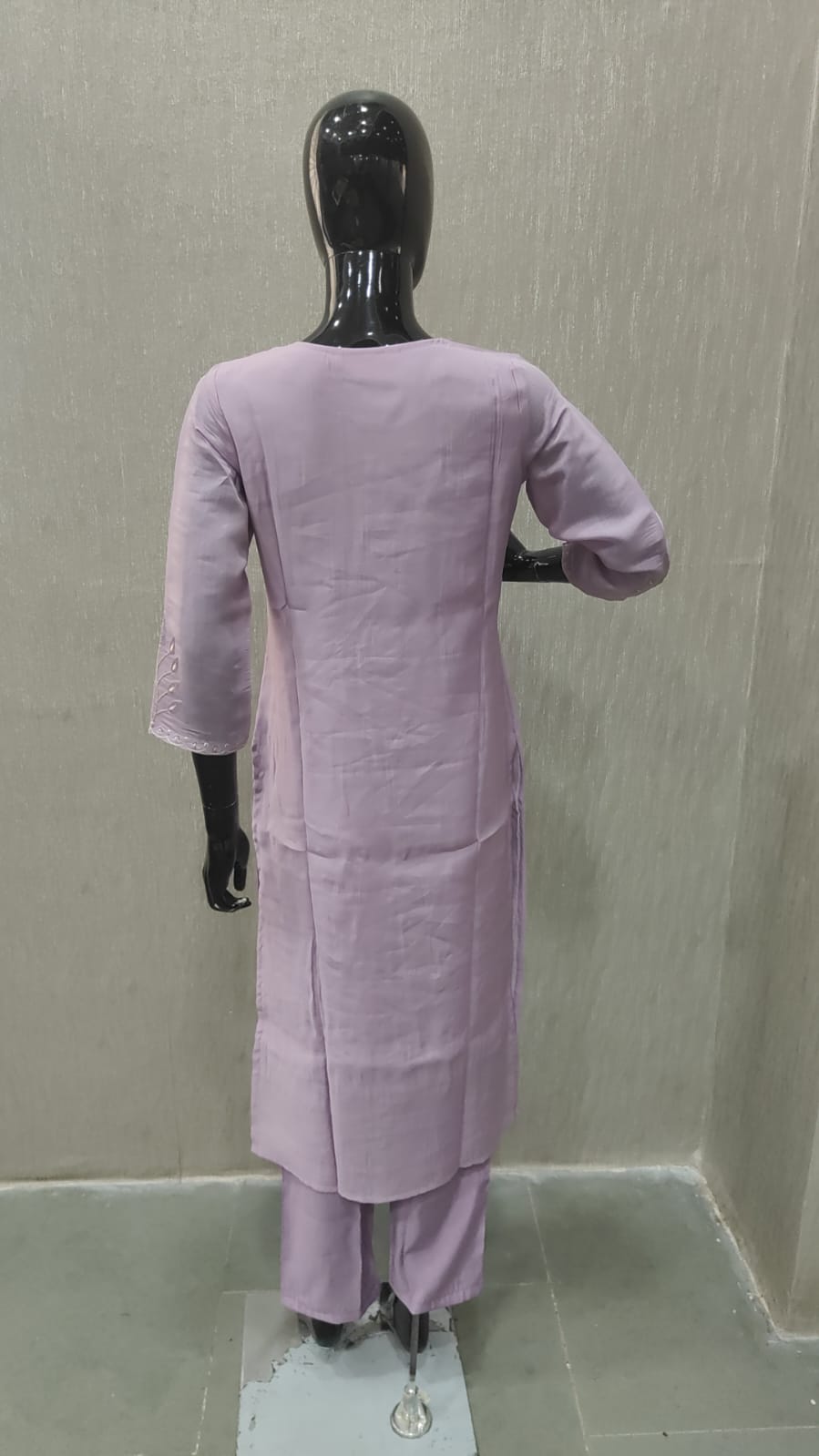 Lavender Mul Chanderi Straight Cut Salwar Suit with Beautiful Floral Embroidered Work - Model View 3