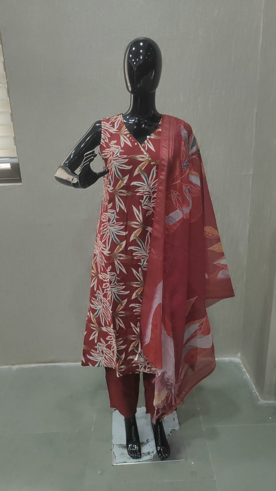 Red Floral Foil Printed Viscose Salwar Suit in Angrakha Design - Image 2