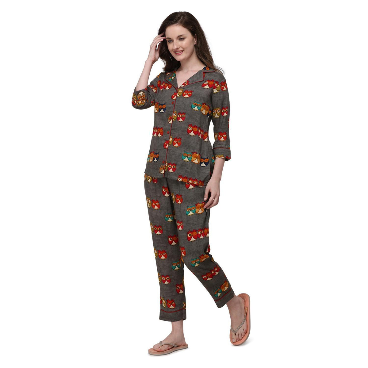 Coffee Casual Wear Printed Rayon Night Suit - Image 3