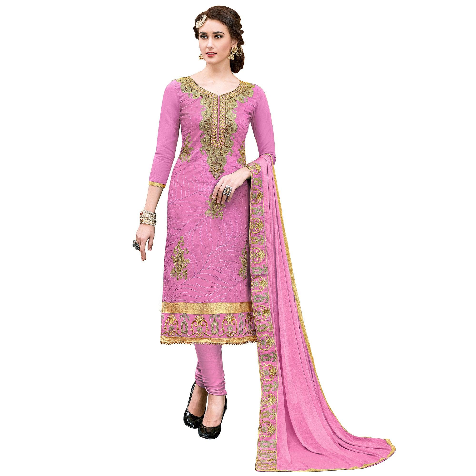 Desirable Light Pink Colored Party Wear Embroidered Modal Dress Material - Image 1
