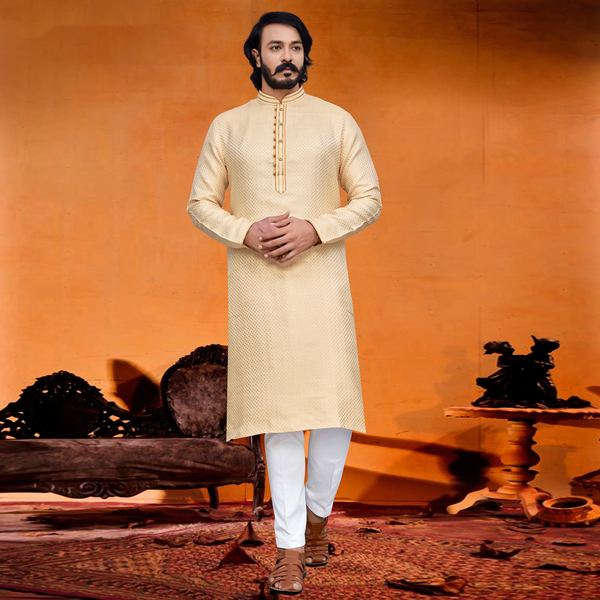 Light Yellow Woven Jacquard Kurta Pyjama Set