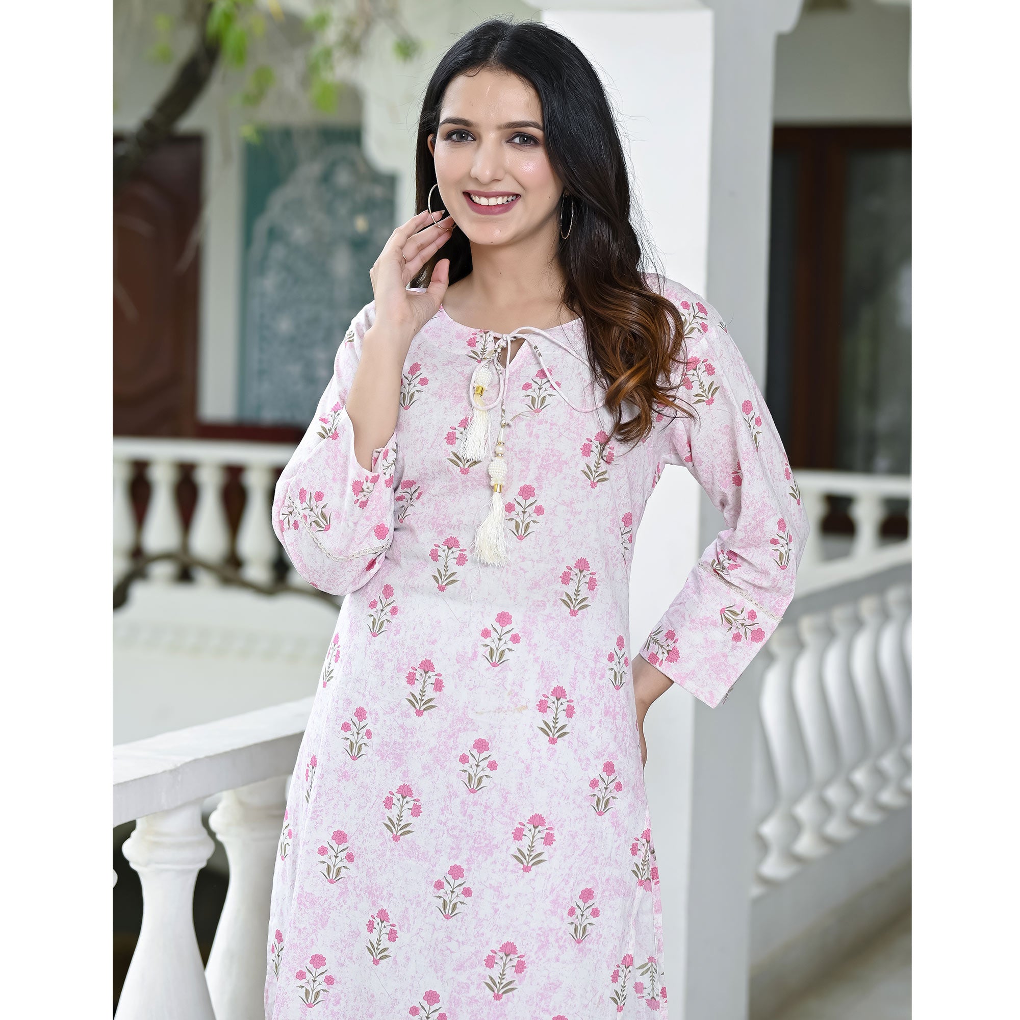 Pink Floral Printed Pure Cotton Long Kurti