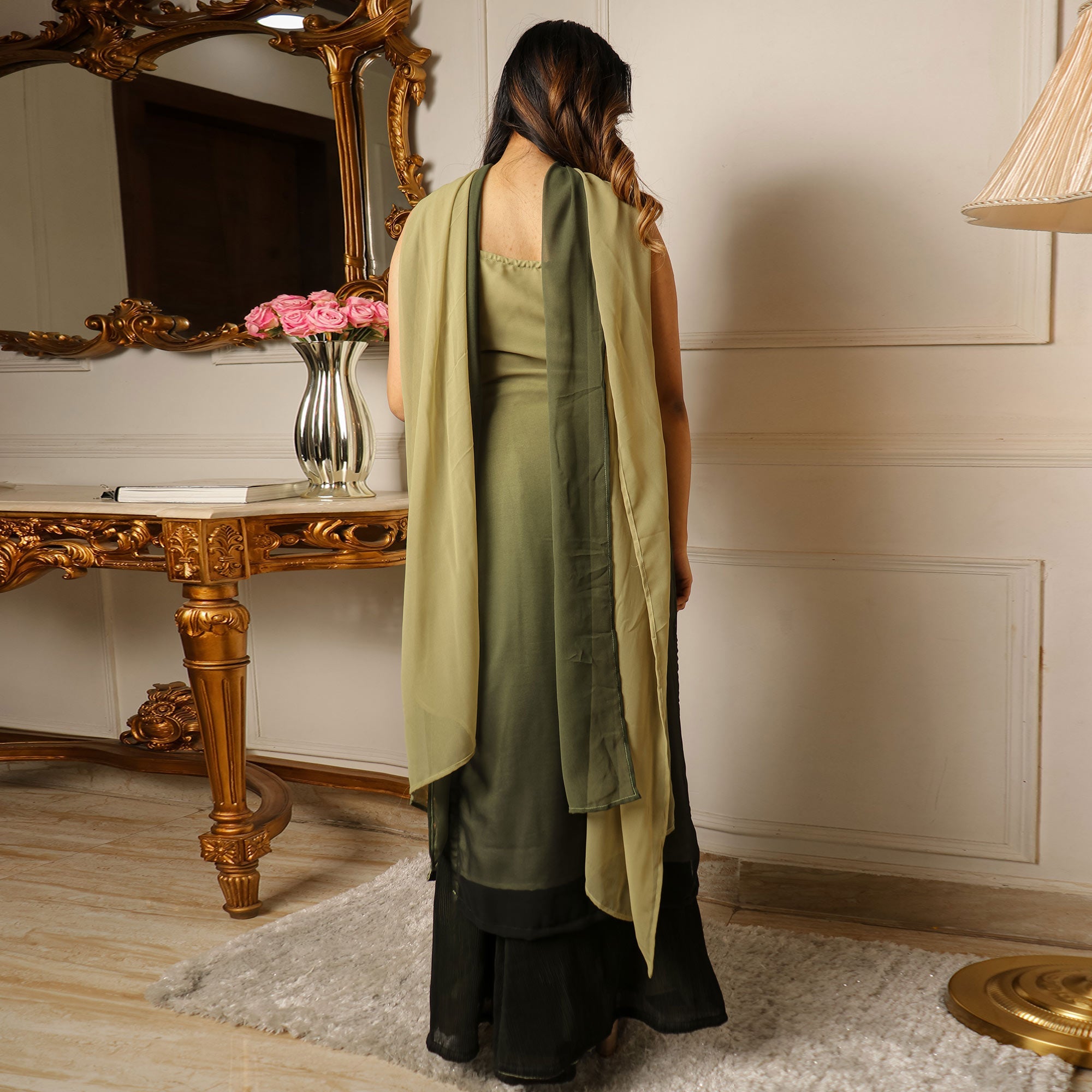 Green Sequins Embroidered Georgette Palazzo Suit - Image 5