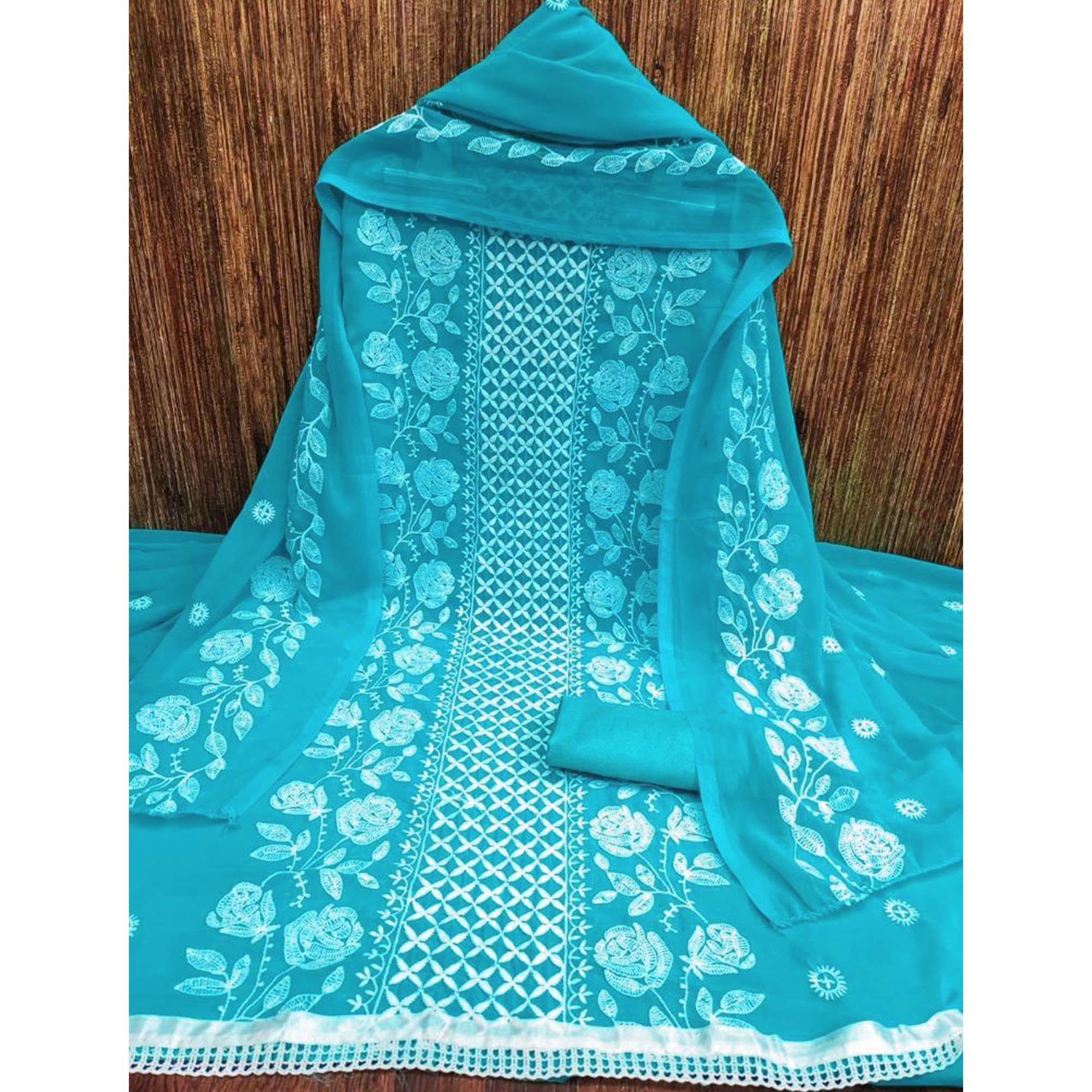 Turquoise Floral Embroidered Georgette Dress Material