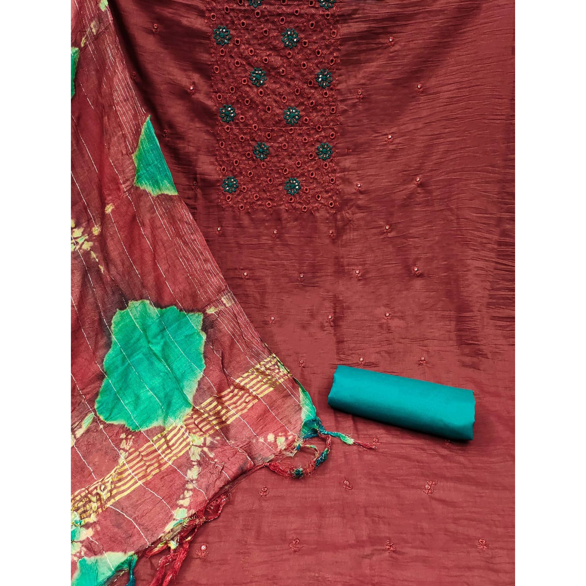 Red Embroidered Sequins Cotton Blend Dress Material