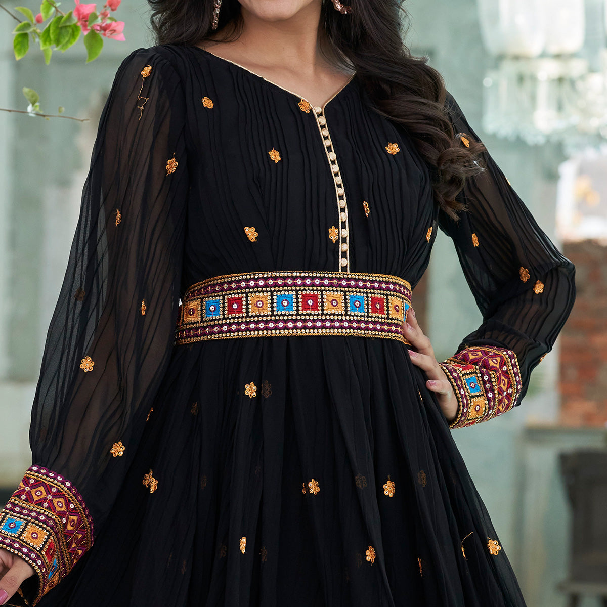 Black Floral Embroidered And Mirror Work Georgette Gown