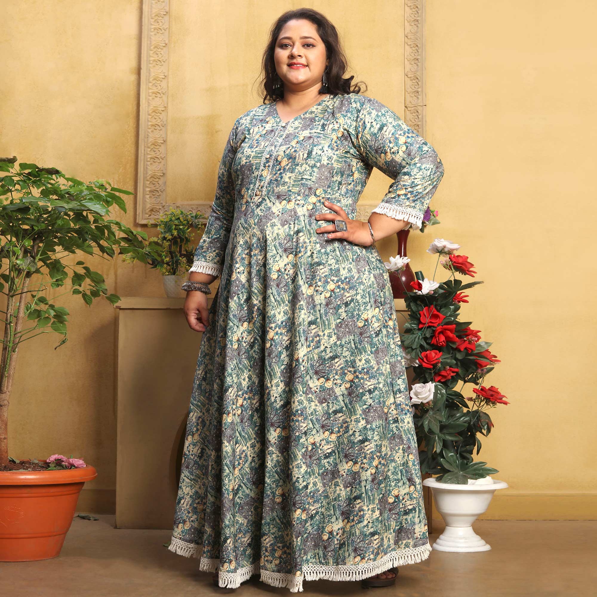 Green Floral Printed Rayon Long Kurti