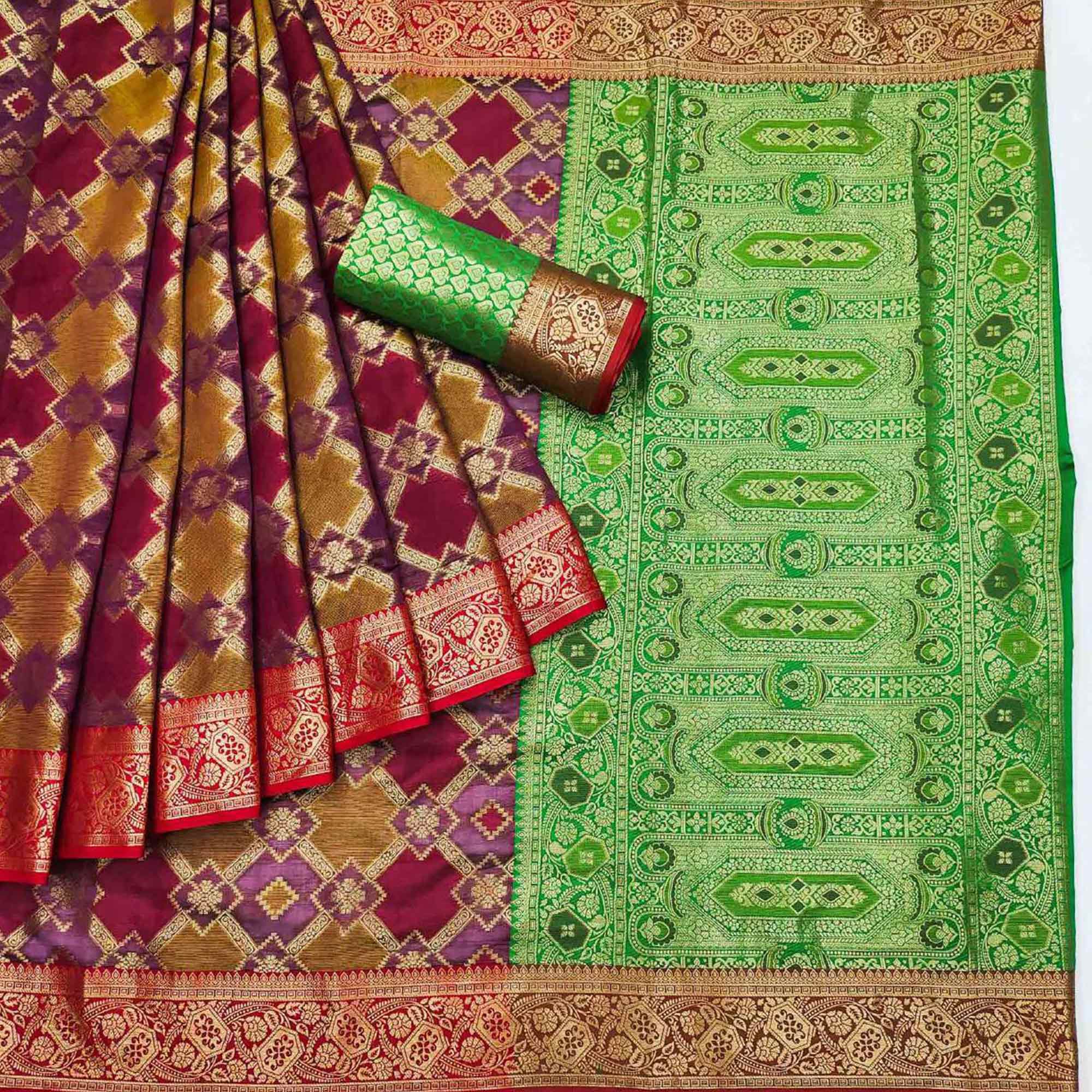 Multicolor Green Woven Cotton Silk Saree