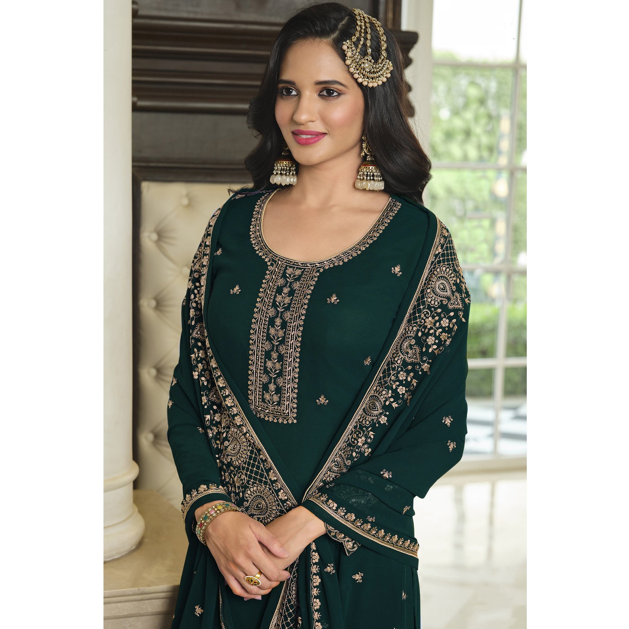 Green Floral Embroidered Georgette Sharara Suit - Image 4