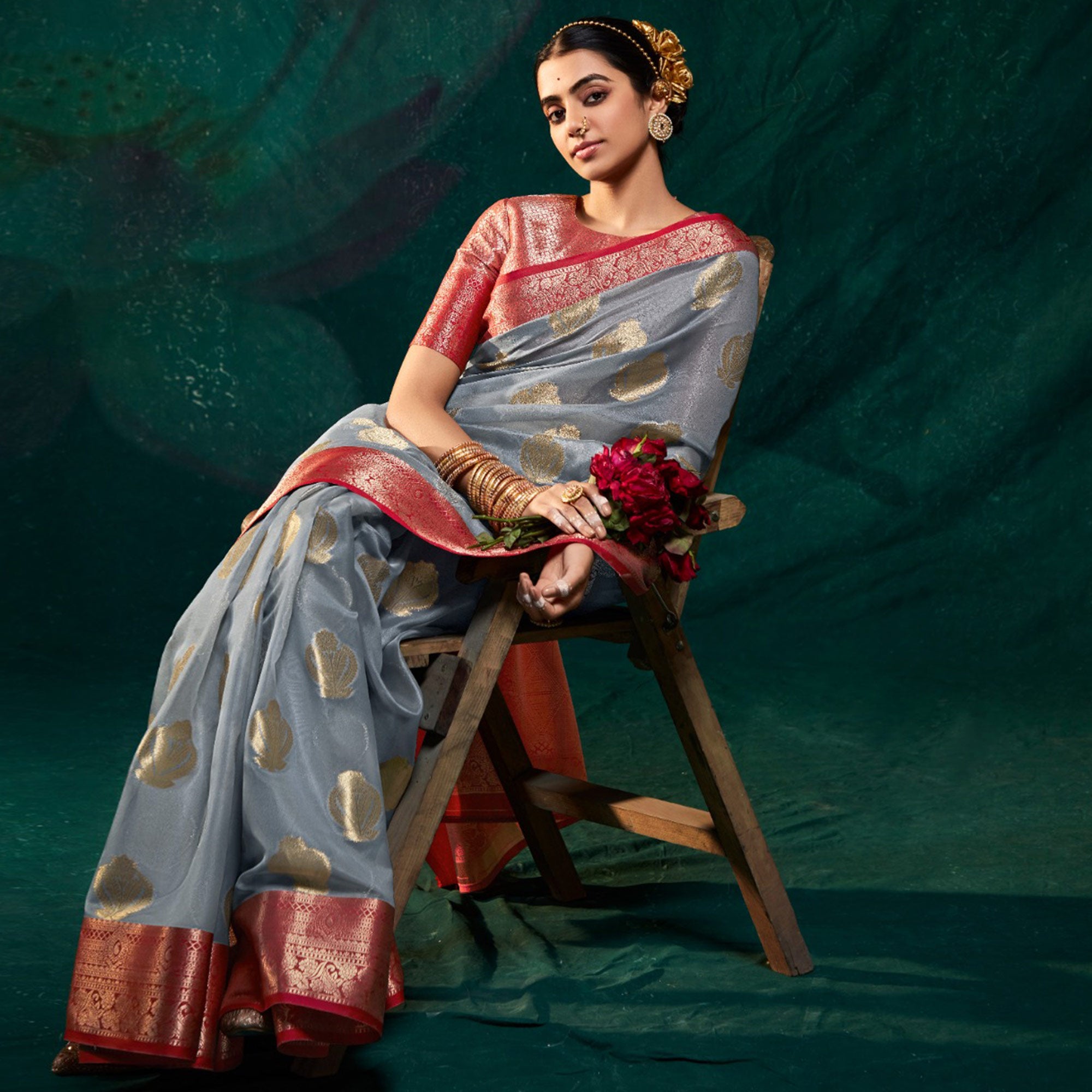 Grey Floral Woven Organza Saree