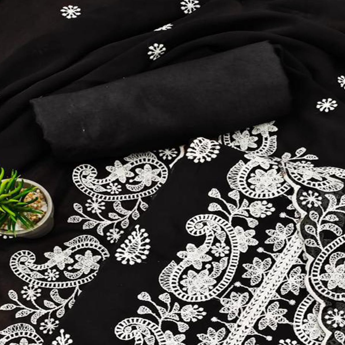 Black Embroidered Georgette Dress Material