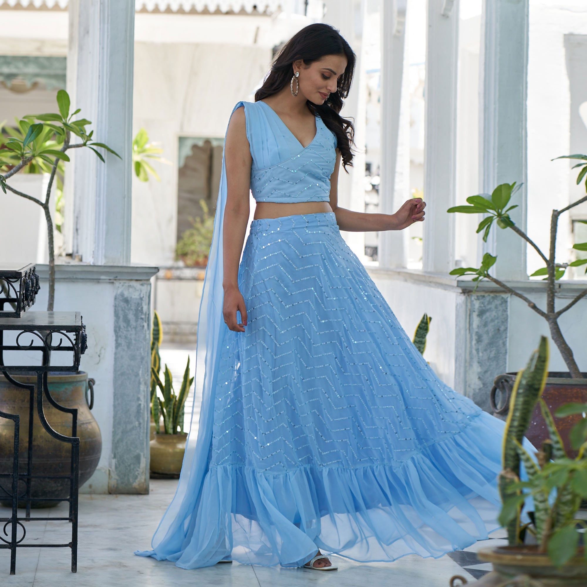 Blue Sequins Embroidered Georgette Lehenga Choli