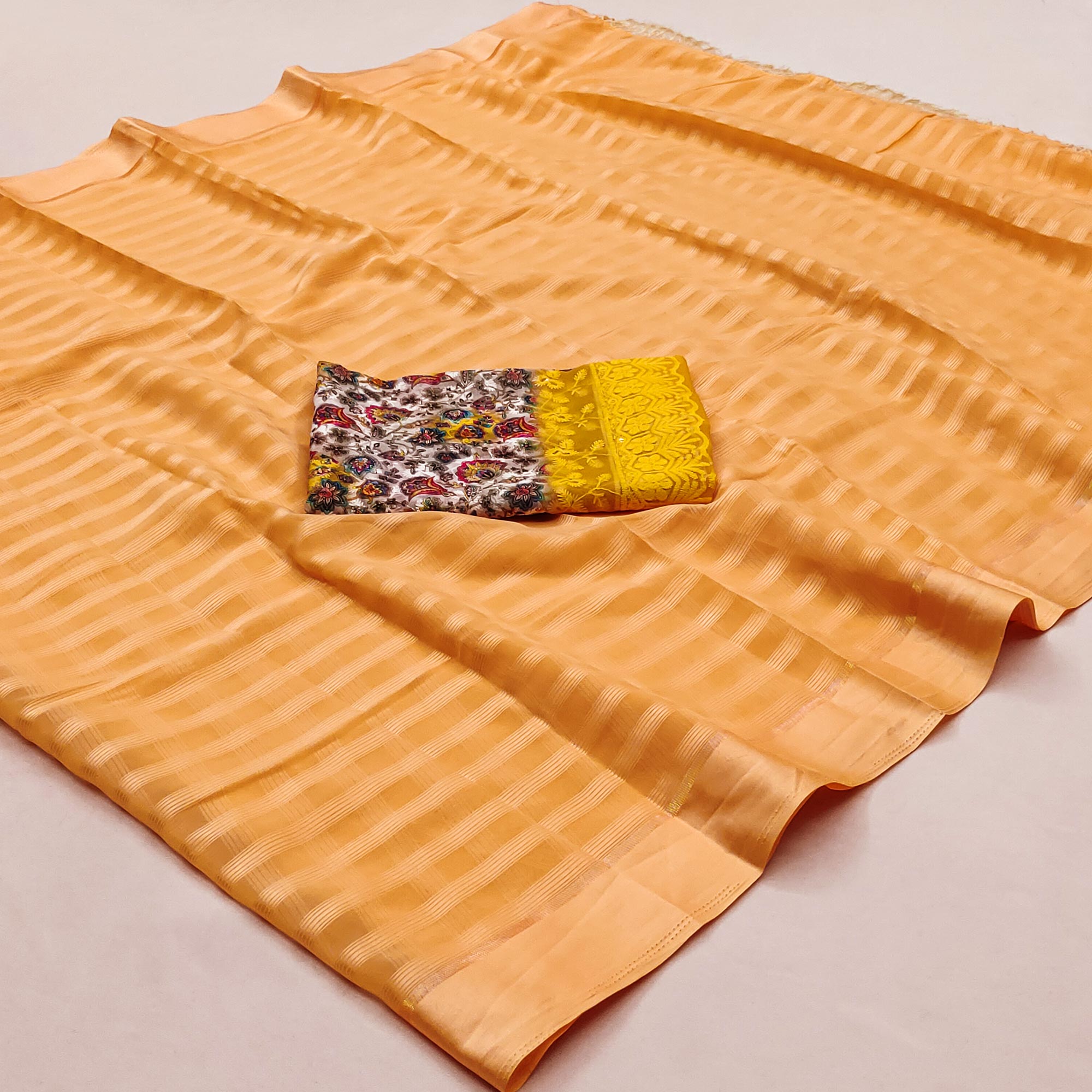 Orange Checks Pattern Satin Saree