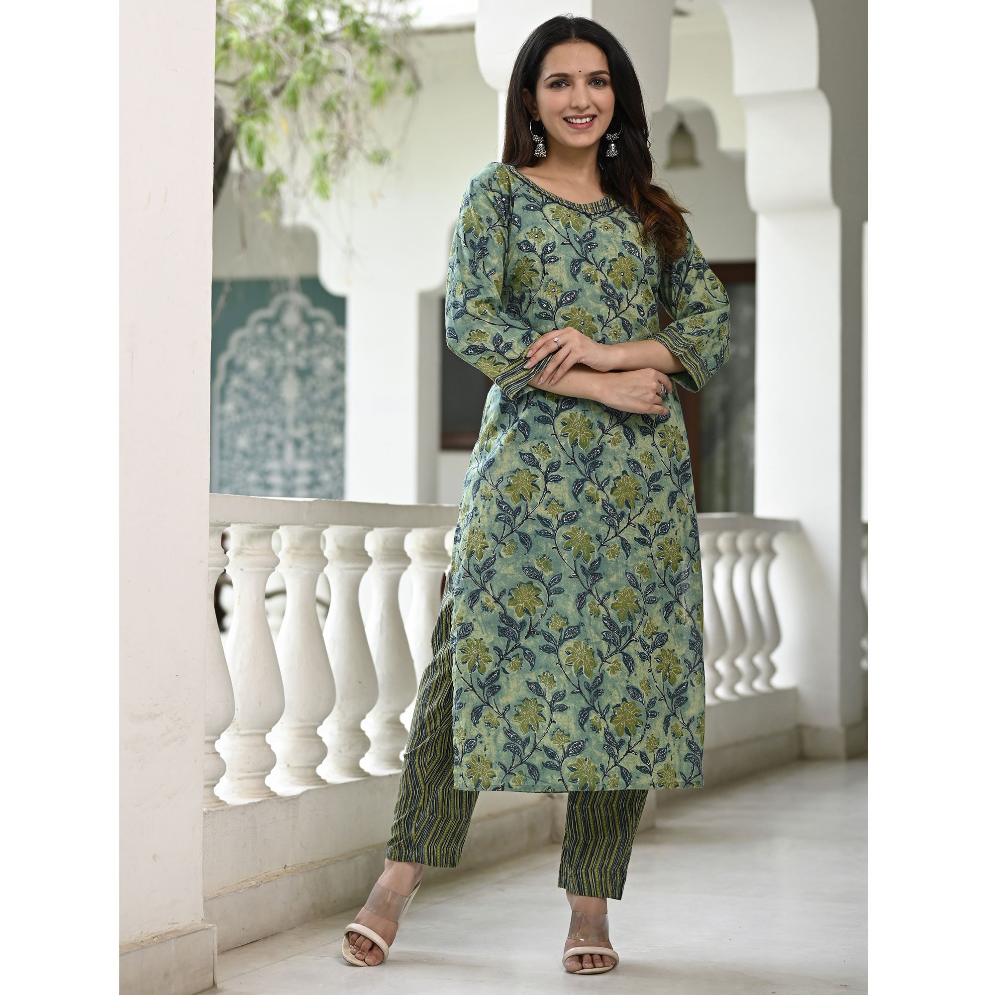 Green Floral Printed Pure Cotton Suit
