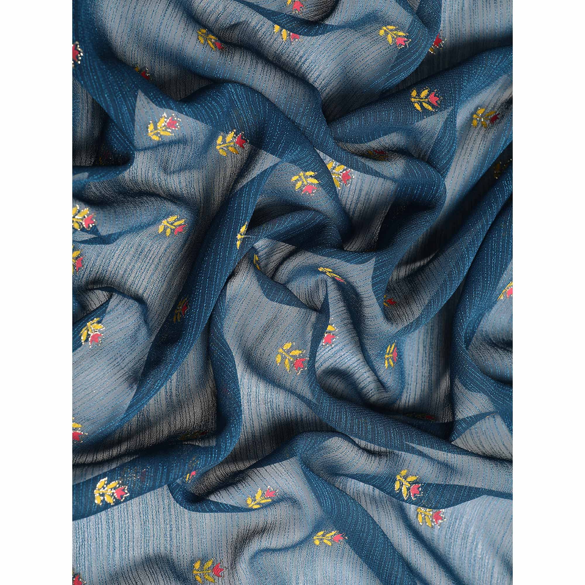 Teal Blue Embroidered Chiffon Saree