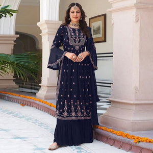 Blue Floral Embroidered Georgette Naira Cut Sharara Suit