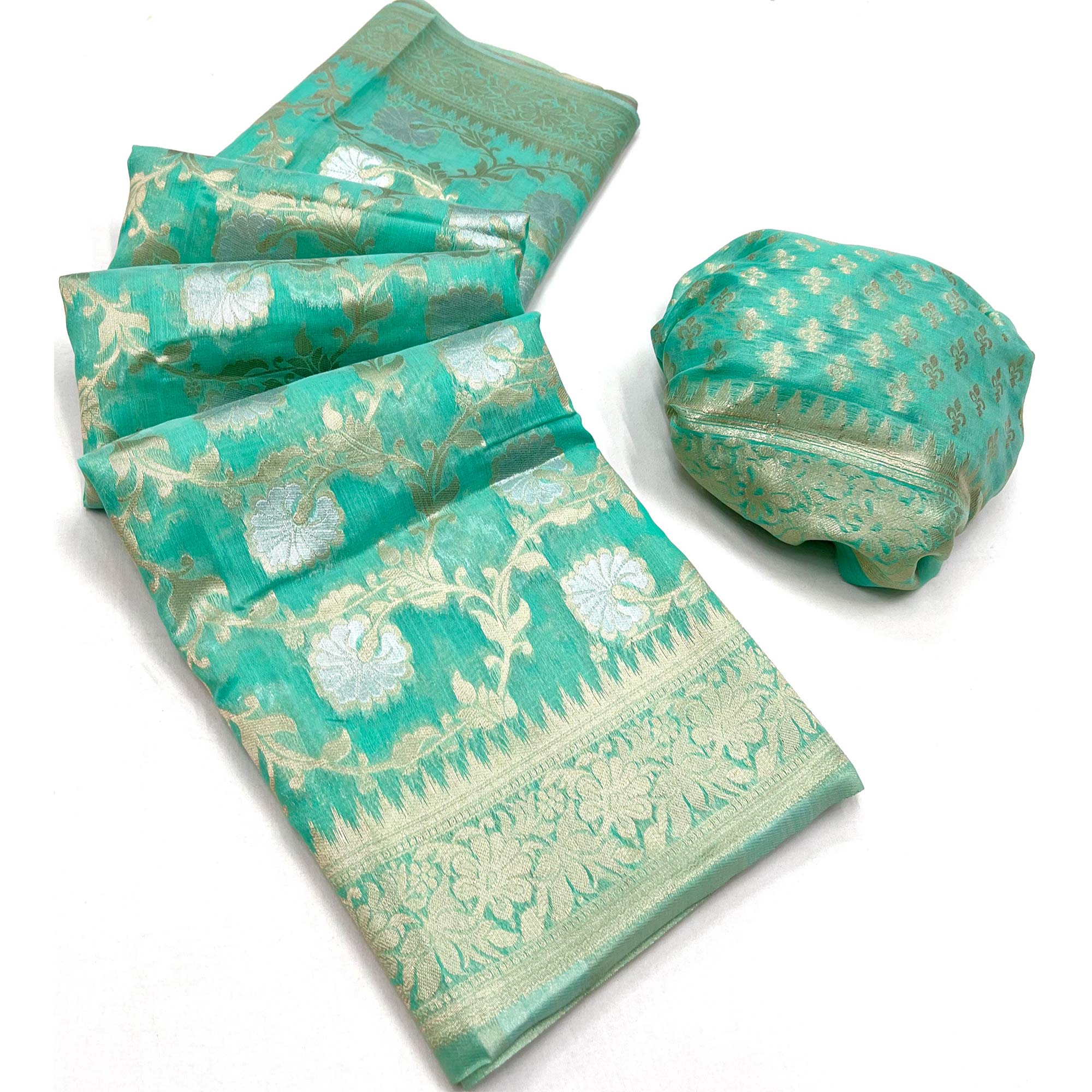 Rama Green Floral Woven Linen Saree