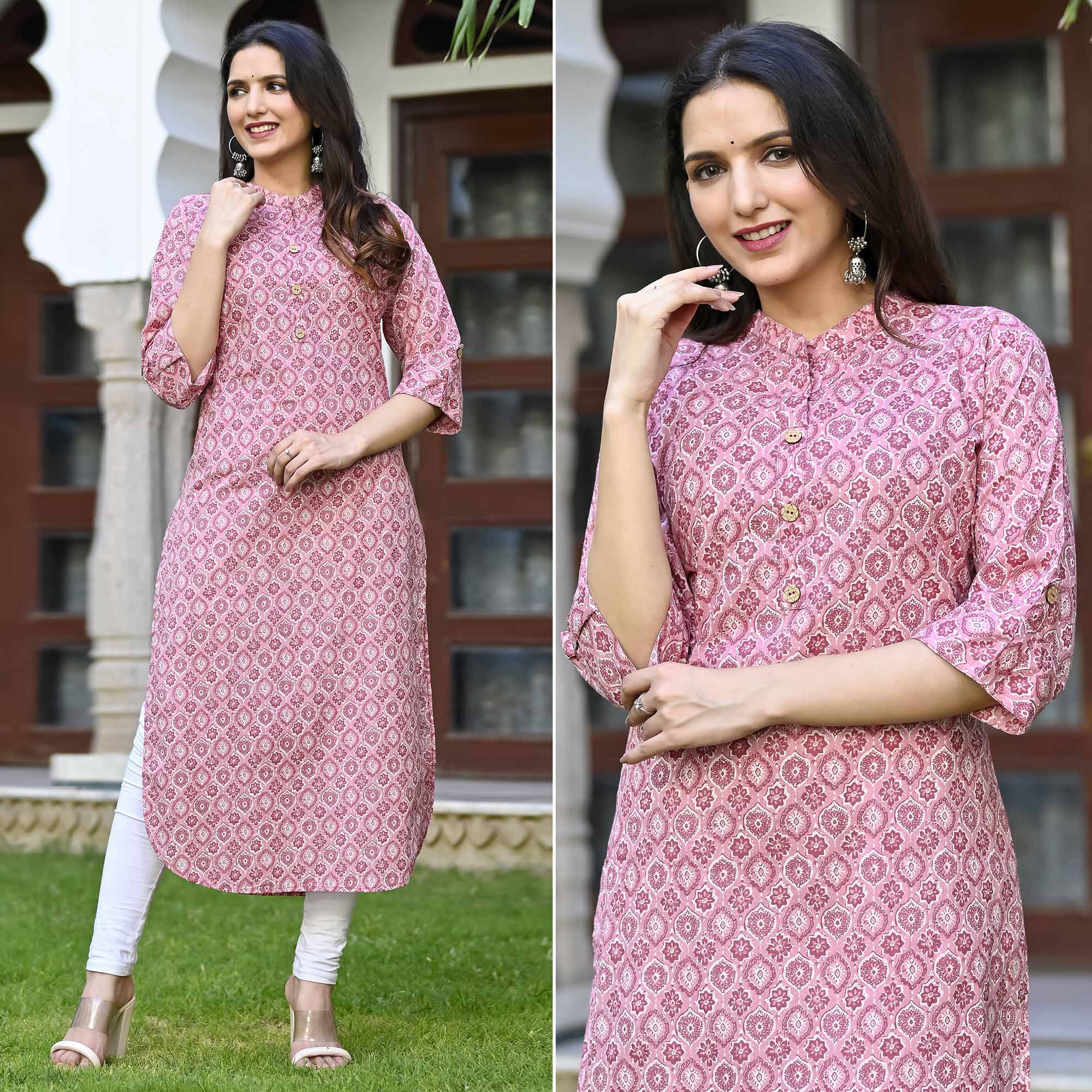 Pink Floral Printed Pure Cotton Kurti