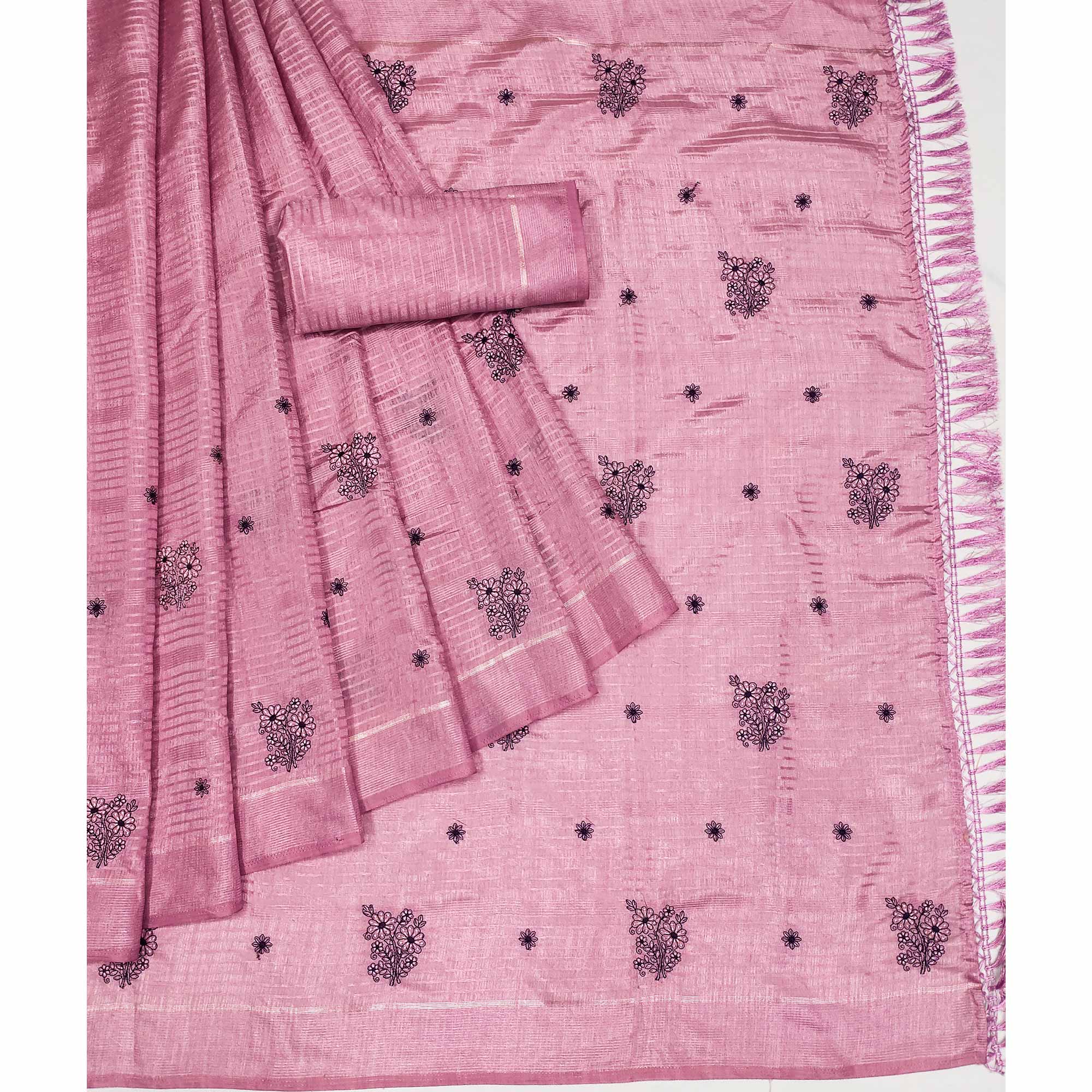 Pink Floral Embroidered Art Silk Saree