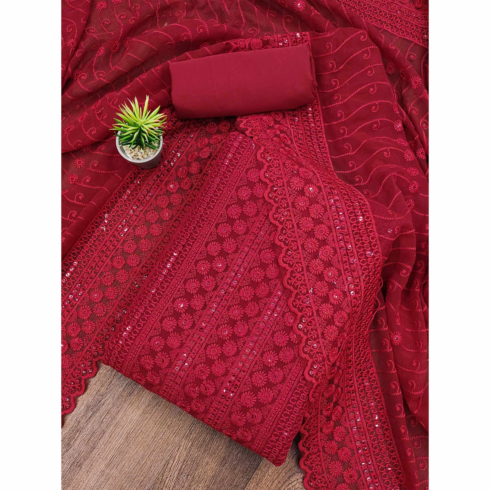 Maroon Lucknowi Embroidered Georgette Suit