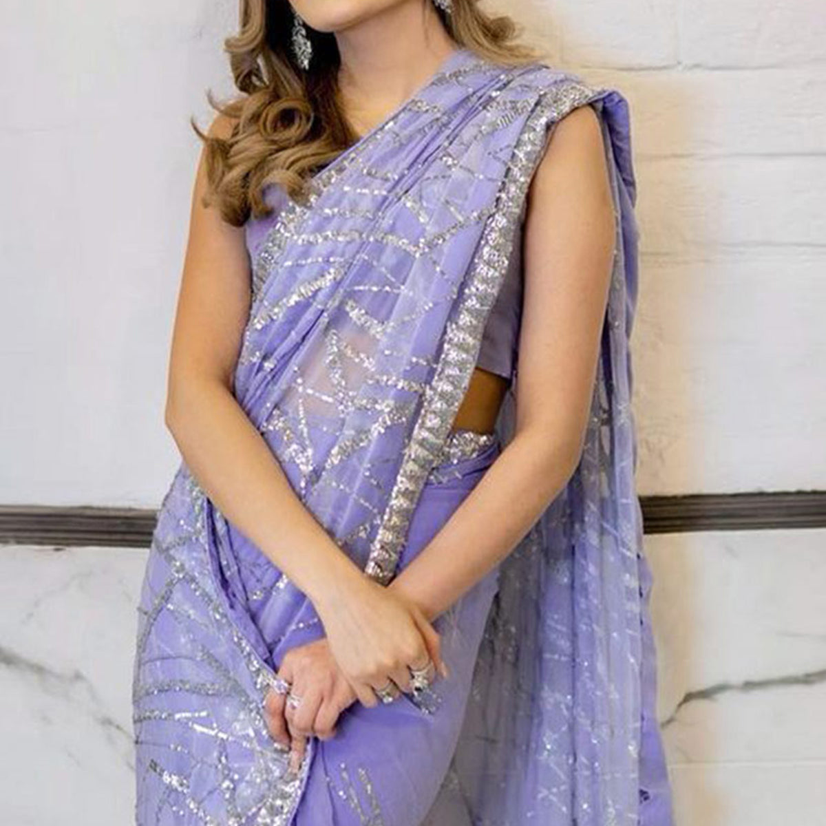 Light Purple Sequins Embroidered Georgette Saree