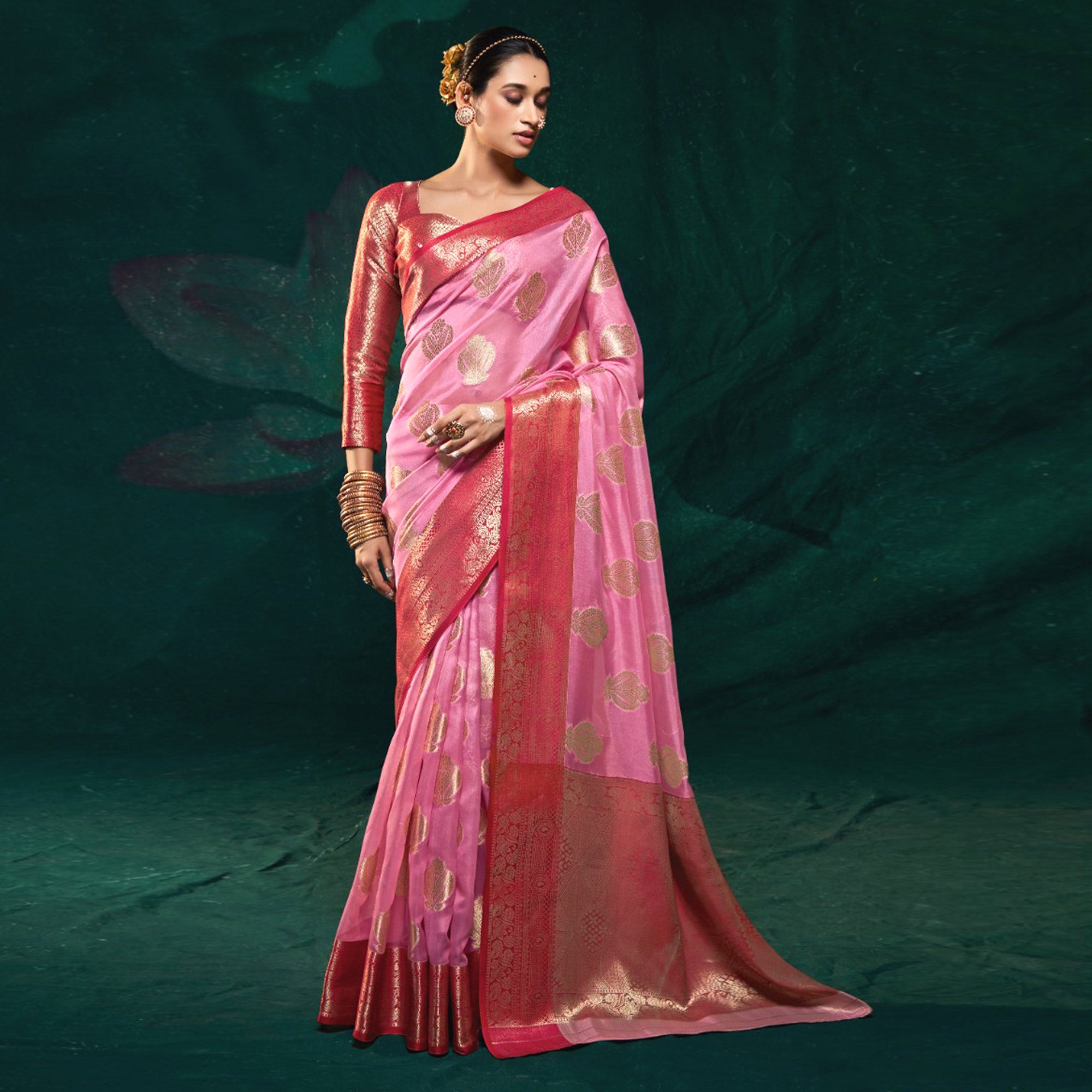 Pink Floral Woven Organza Saree