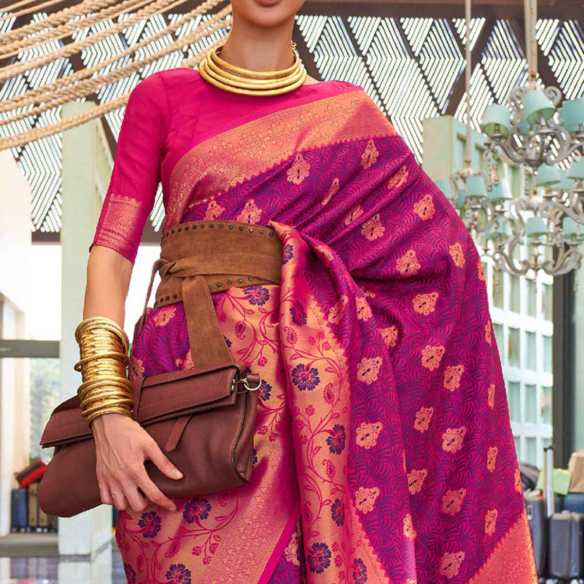 Magenta Purple Floral Woven Art Silk Saree With Tassels