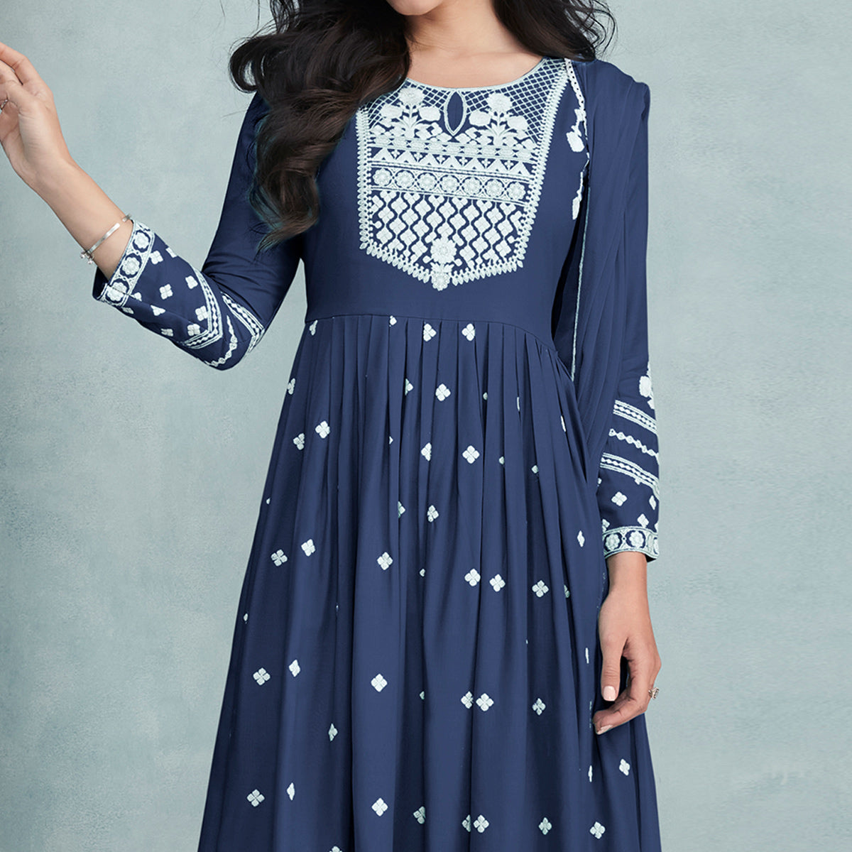 Blue Lucknowi Work Rayon Naira Cut Suit
