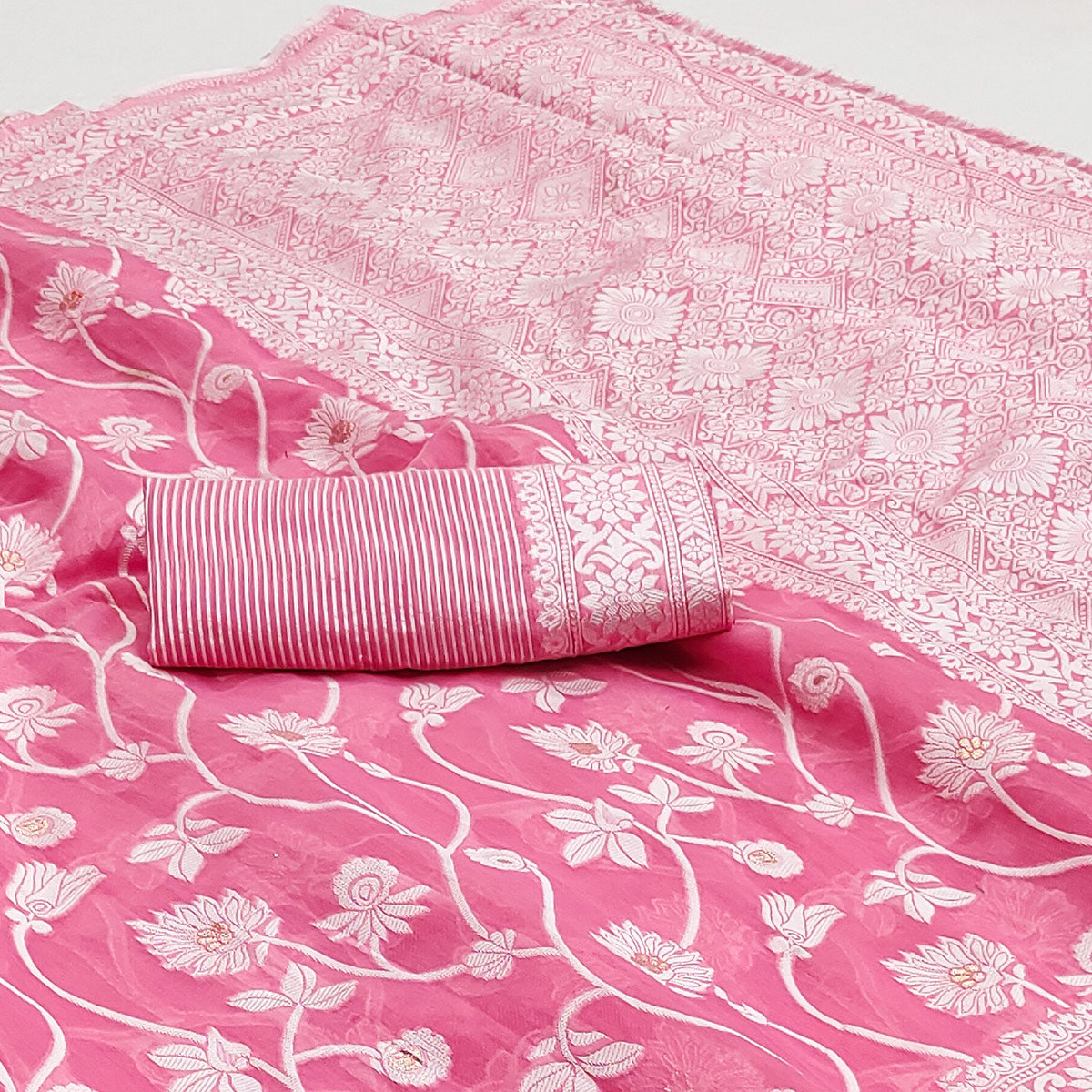 Pink Floral Woven Jacquard Saree