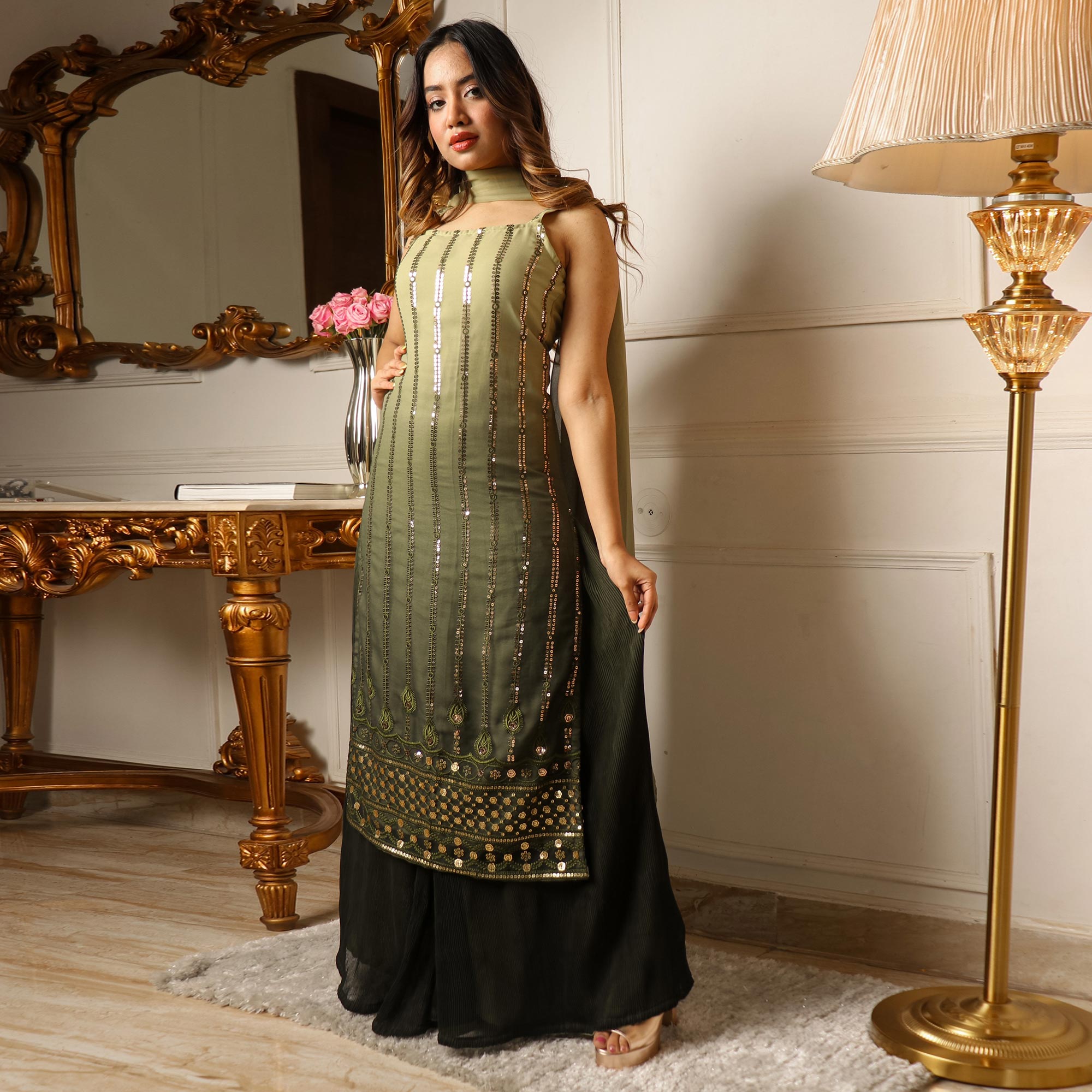 Green Sequins Embroidered Georgette Palazzo Suit - Image 2