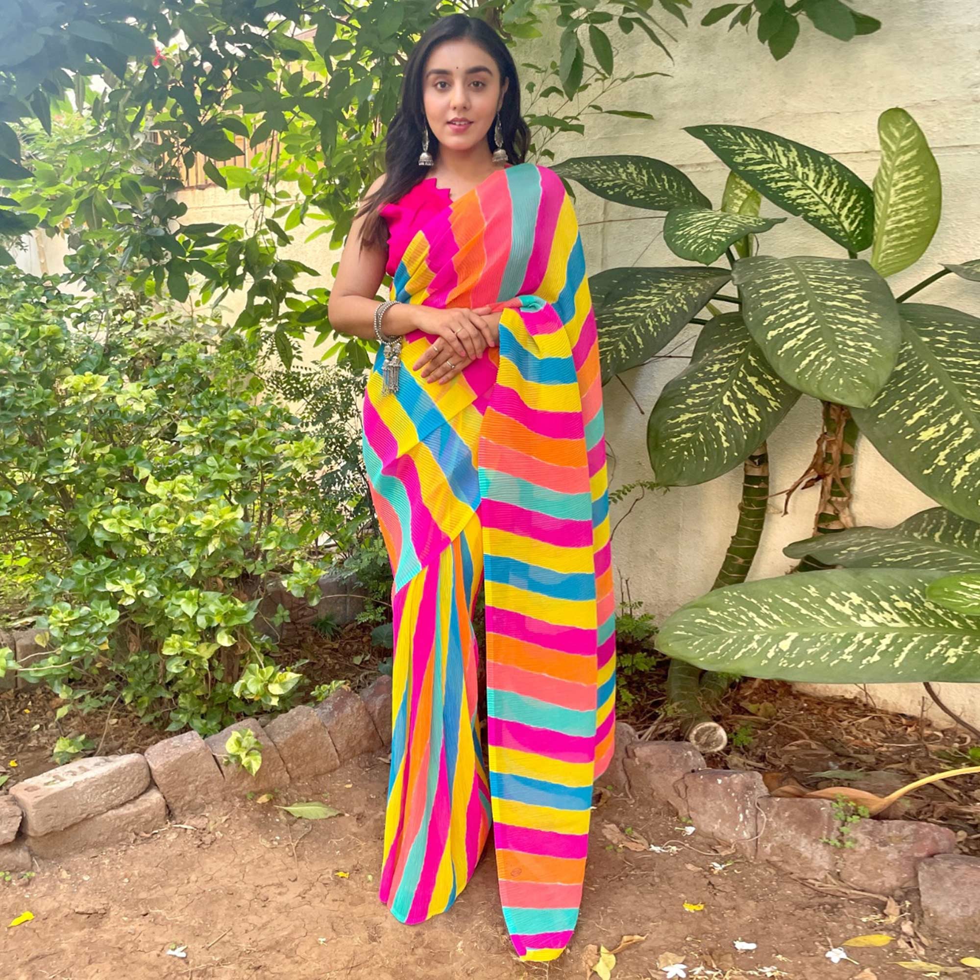 Multicolor Striped Printed Crush Georgette Saree