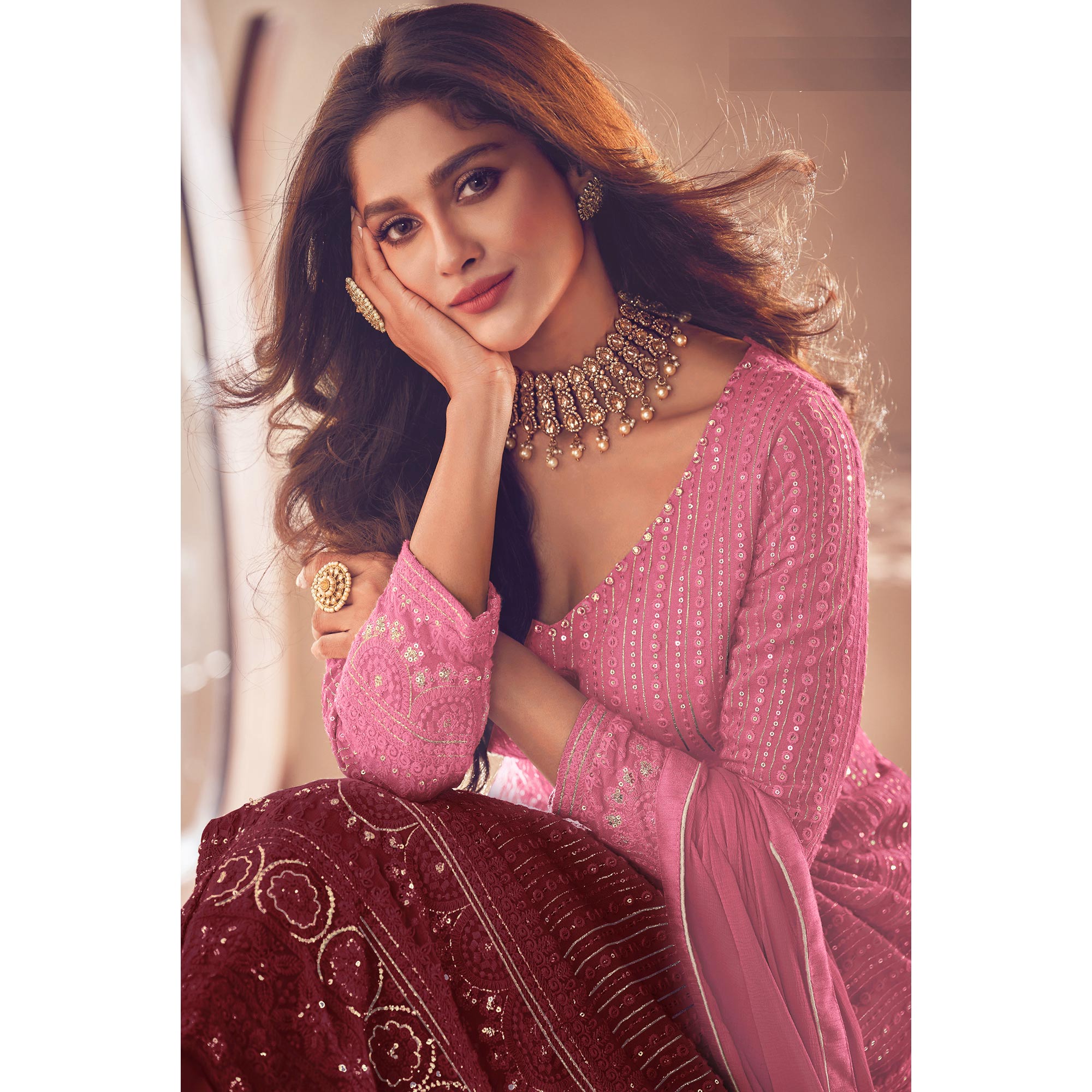 Pink Sequins Embroidered Georgette Front Slit Suit
