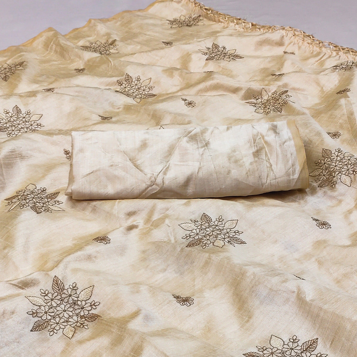 Cream Floral Embroidered Assam Silk Saree