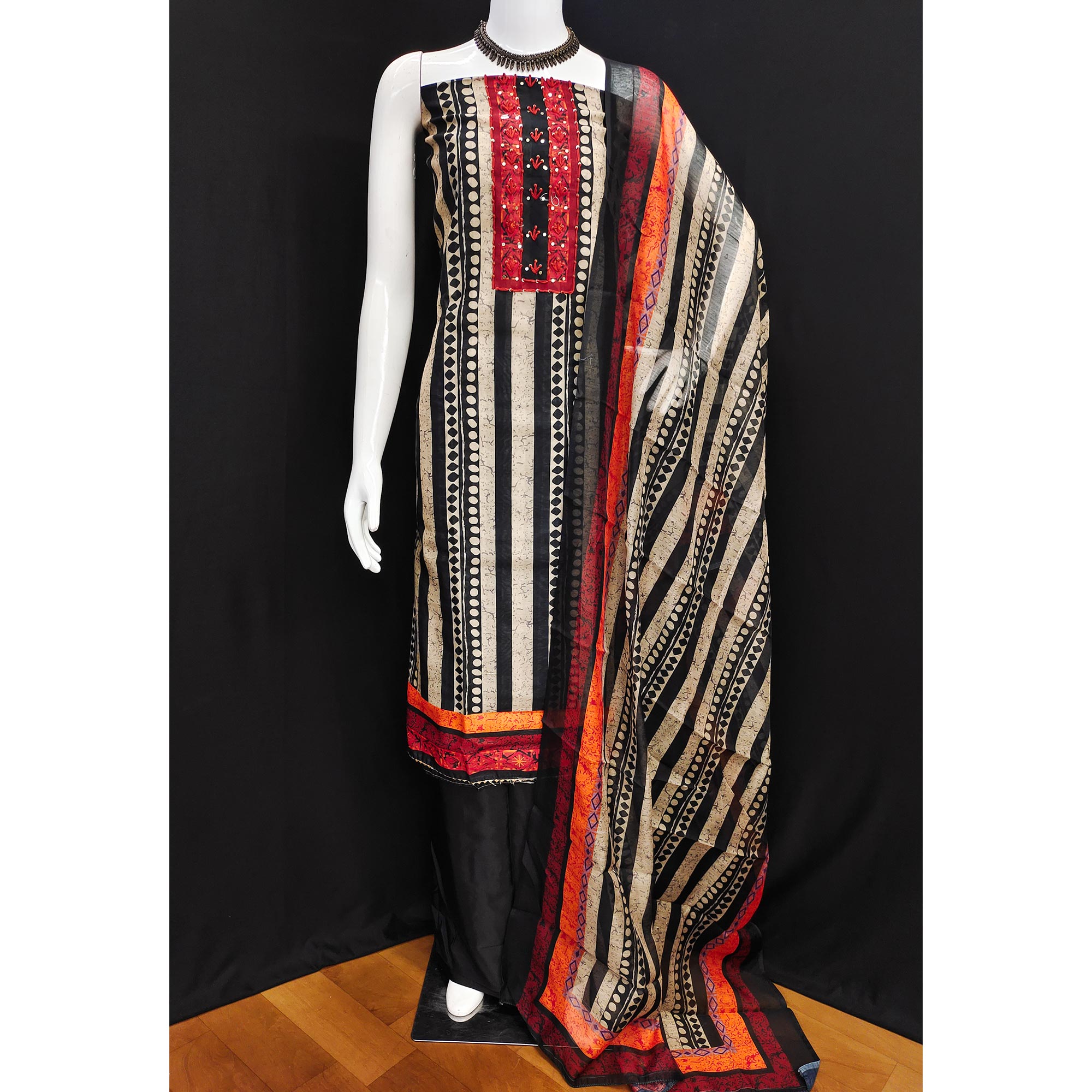 Black Printed Chanderi Dress Material