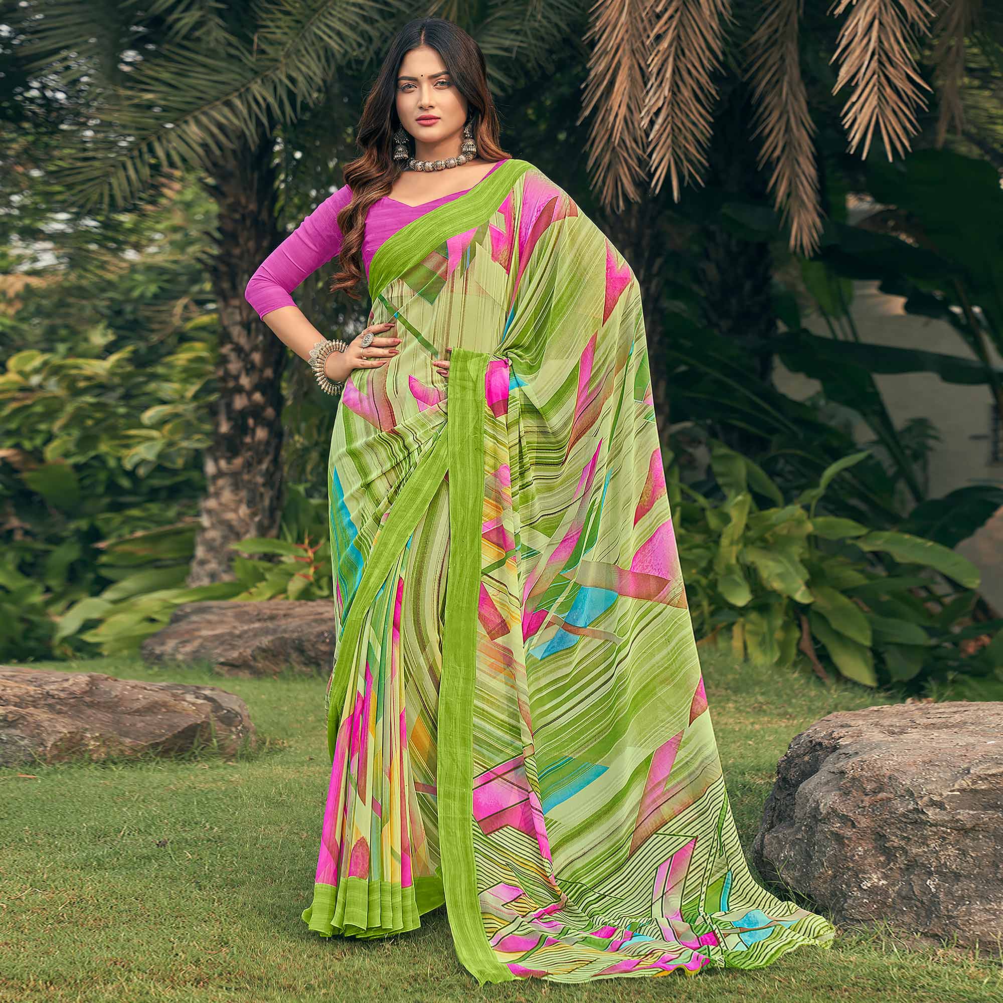 Green Geometric Printed Georgette Saree