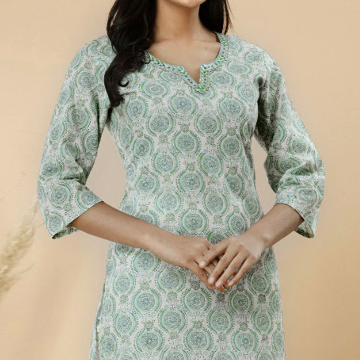 Green Floral Printed Pure Cotton Kurti