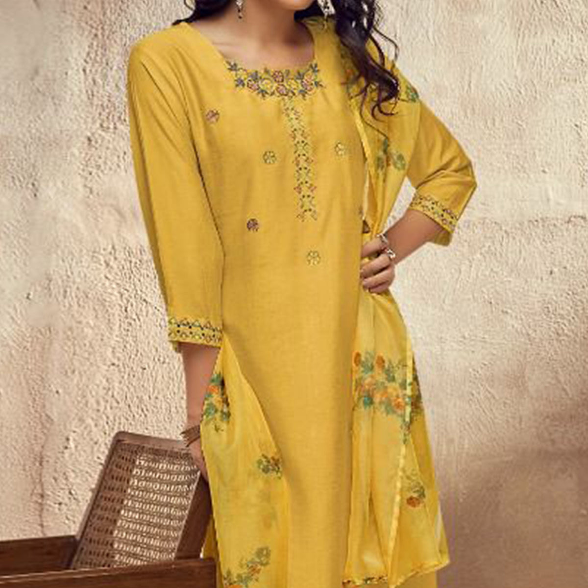 Yellow Floral Embroidered Viscose Suit