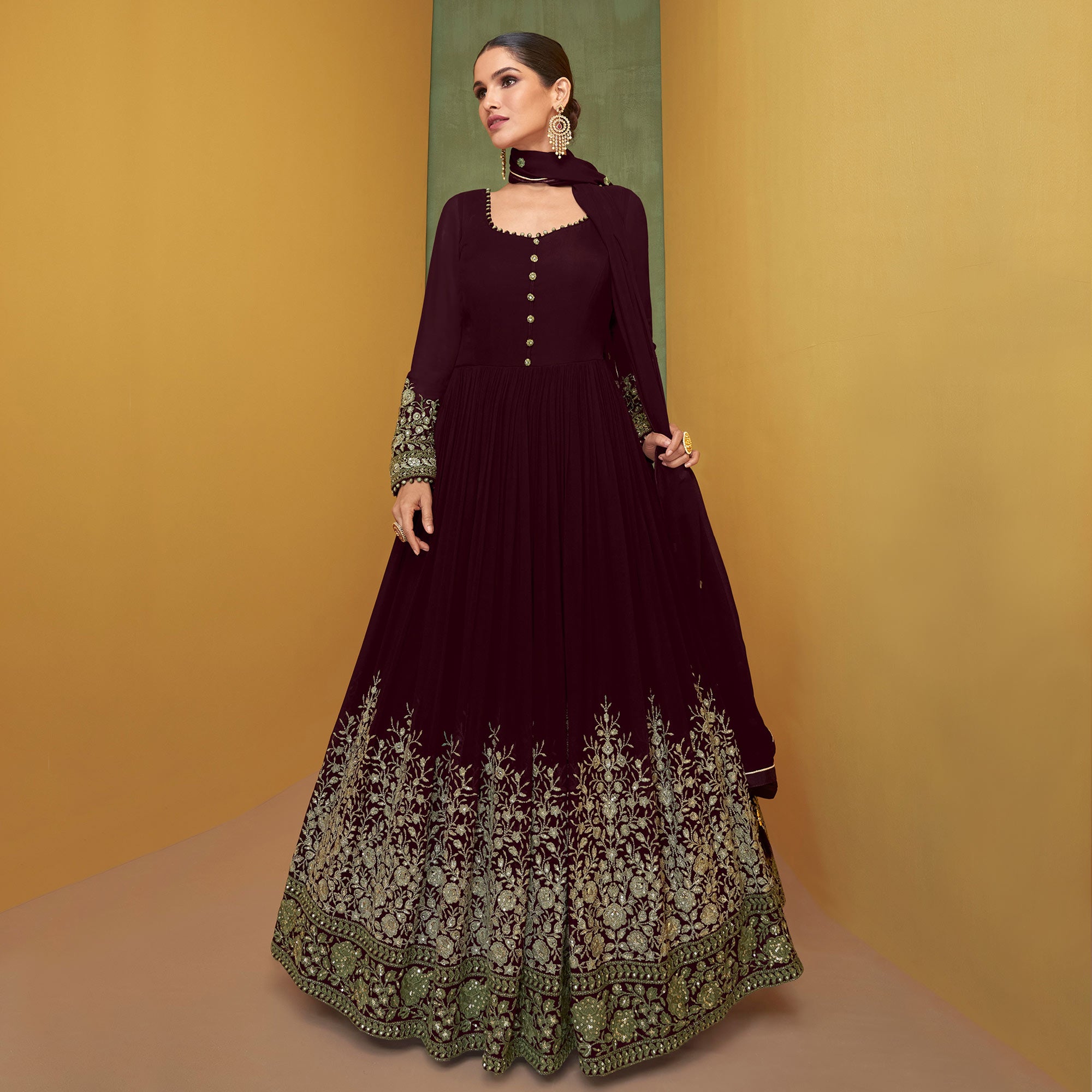 Maroon Floral Embroidered Georgette Anarkali Suit