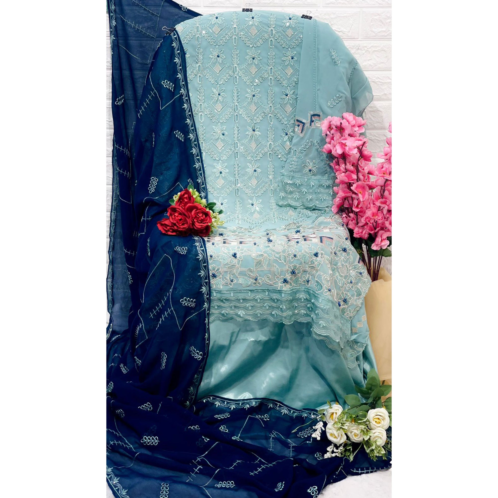 Blue Floral Embroidered Georgette Pakistani Suit