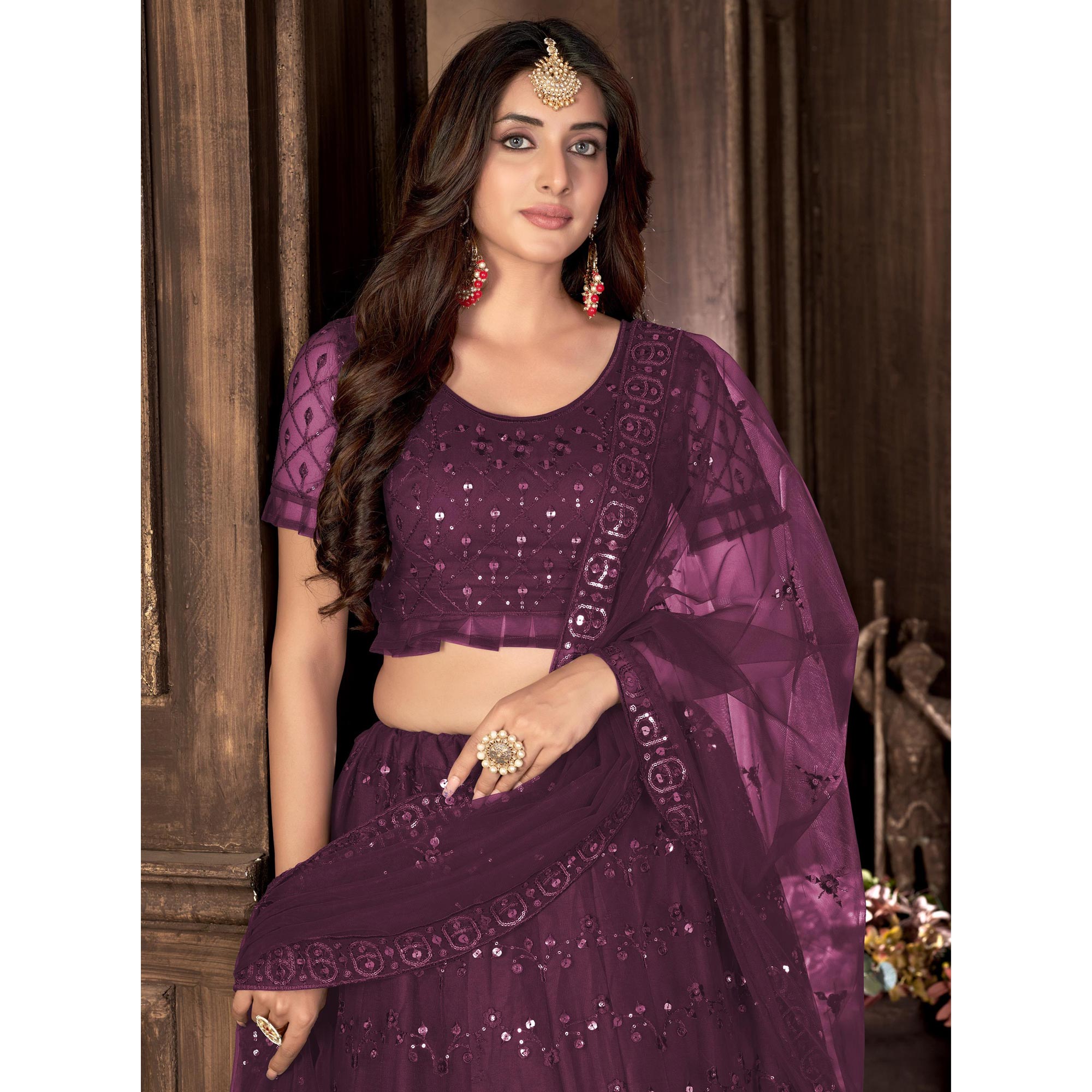Wine Sequins Embroidered Netted Lehenga Choli - Image 4