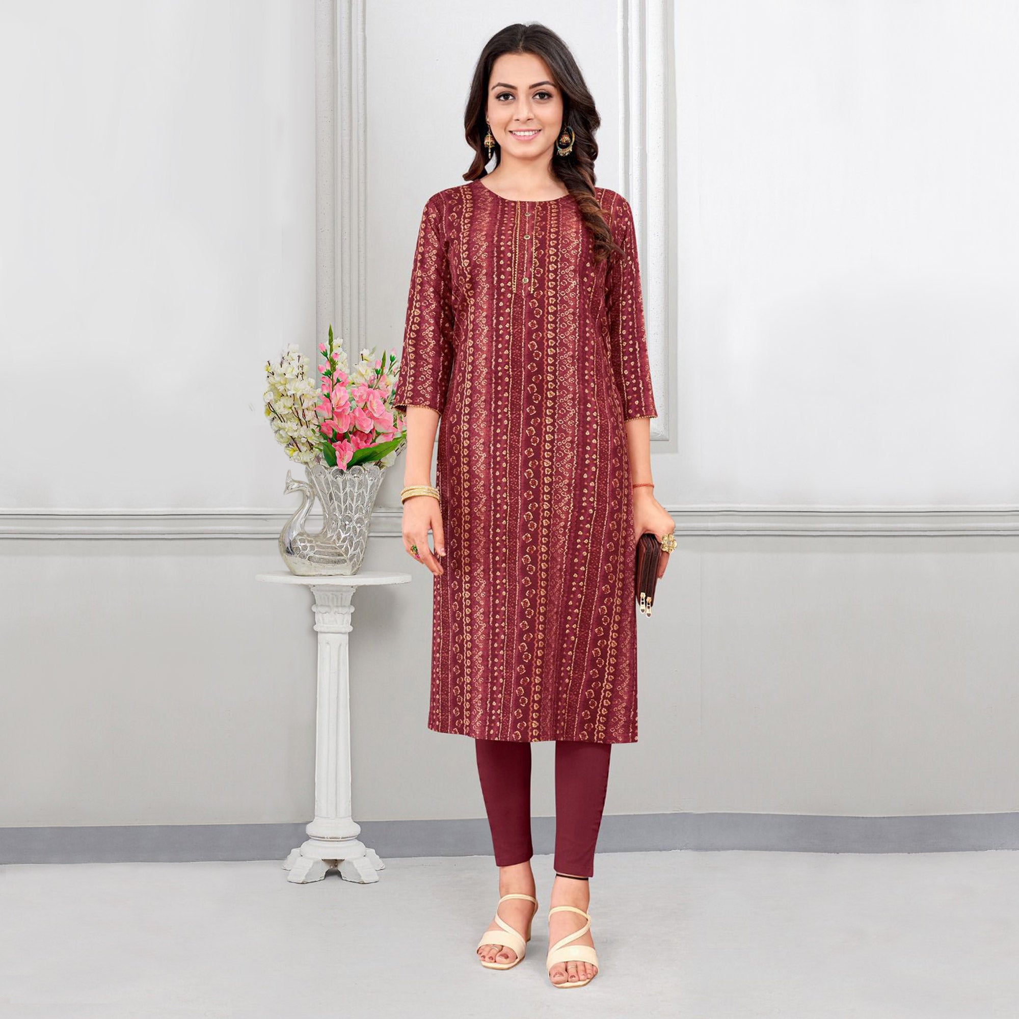 Rust Foil Printed Rayon Kurti