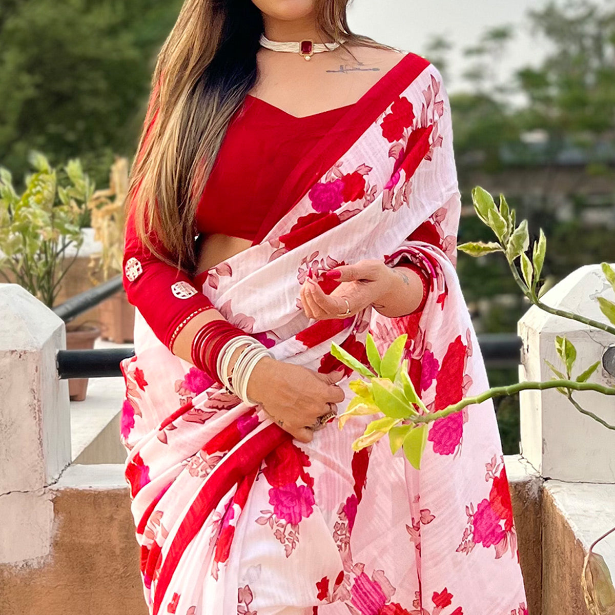 White & Red Digital Printed Cotton Silk Saree