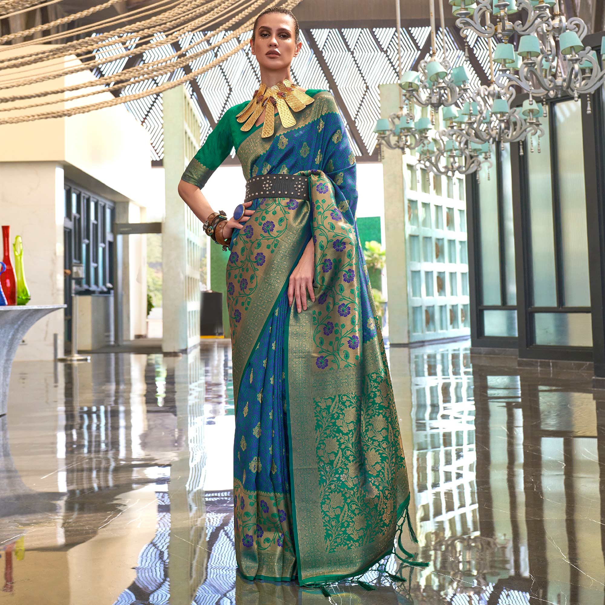 Royal Blue Floral Woven Art Silk Saree With Tassels